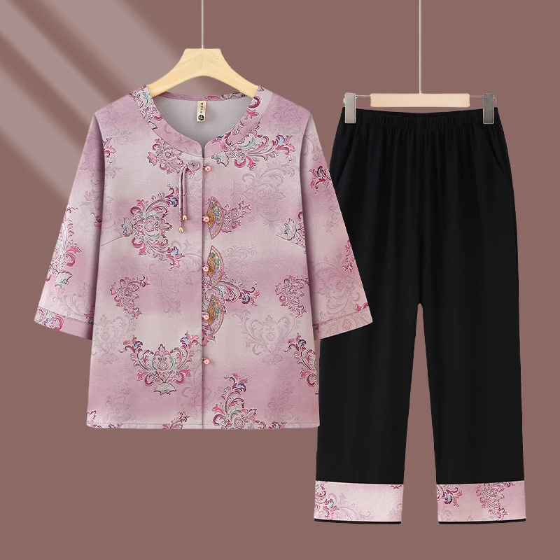 夏季奶奶套装老年人七分袖衬衫老人衣服60岁70岁80岁妈妈装两件套