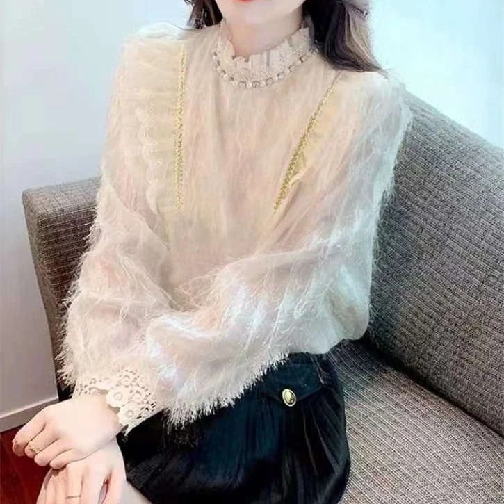2025春夏新款木耳花边立领衬衫女气质时尚内搭打底洋气减龄小衫