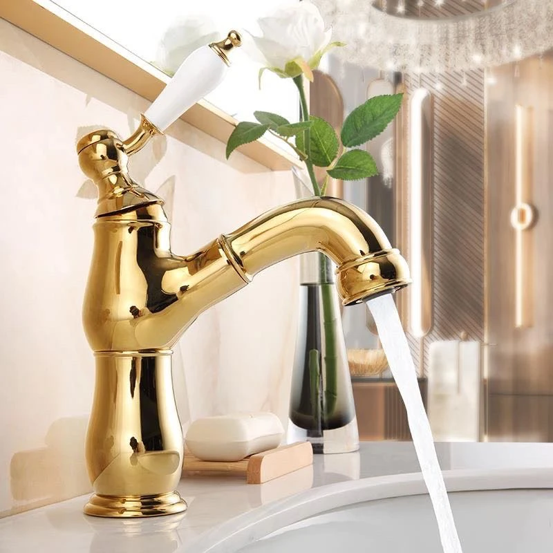 法式复古全铜抽拉式冷热面盆水龙头冷热两用金色把手洗手盆龙头