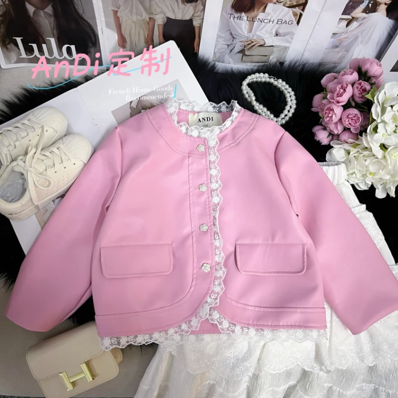 〖ANDI〗订制春季新款中大童女童拼接花边单排扣皮衣外套3571