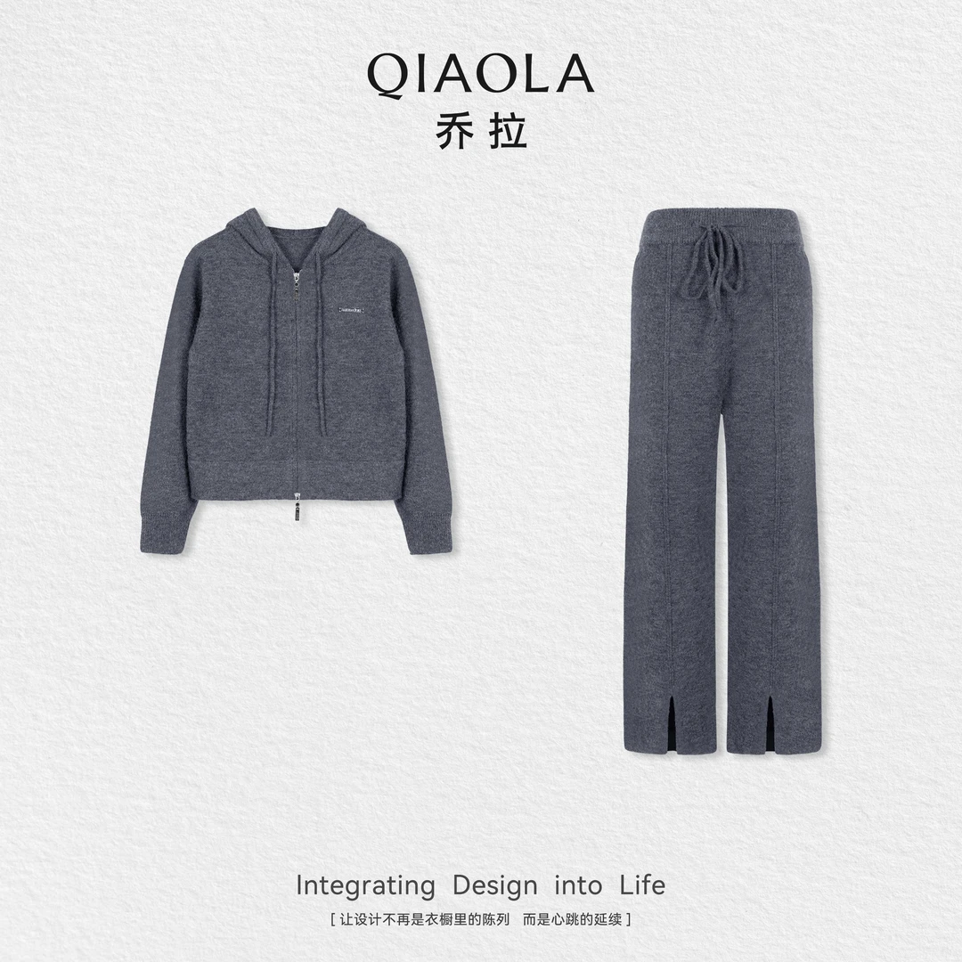 QIAOLA/乔拉【空氧城市】小众设计北极绒拉链连帽慵懒休闲外套套装