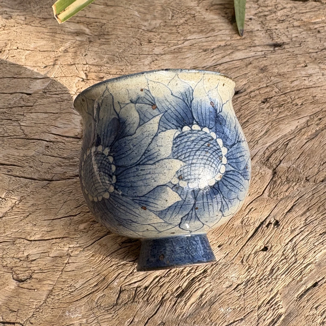 【若玉古美】向日葵花口高足杯手工手绘釉下彩高温瓷