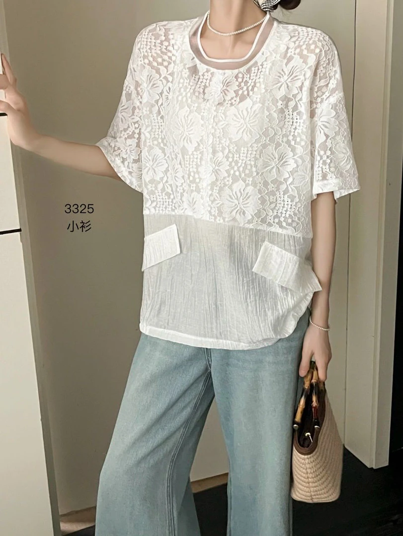 3325纯色短袖常规落肩袖压花蕾丝T恤宽松小众圆领夏季