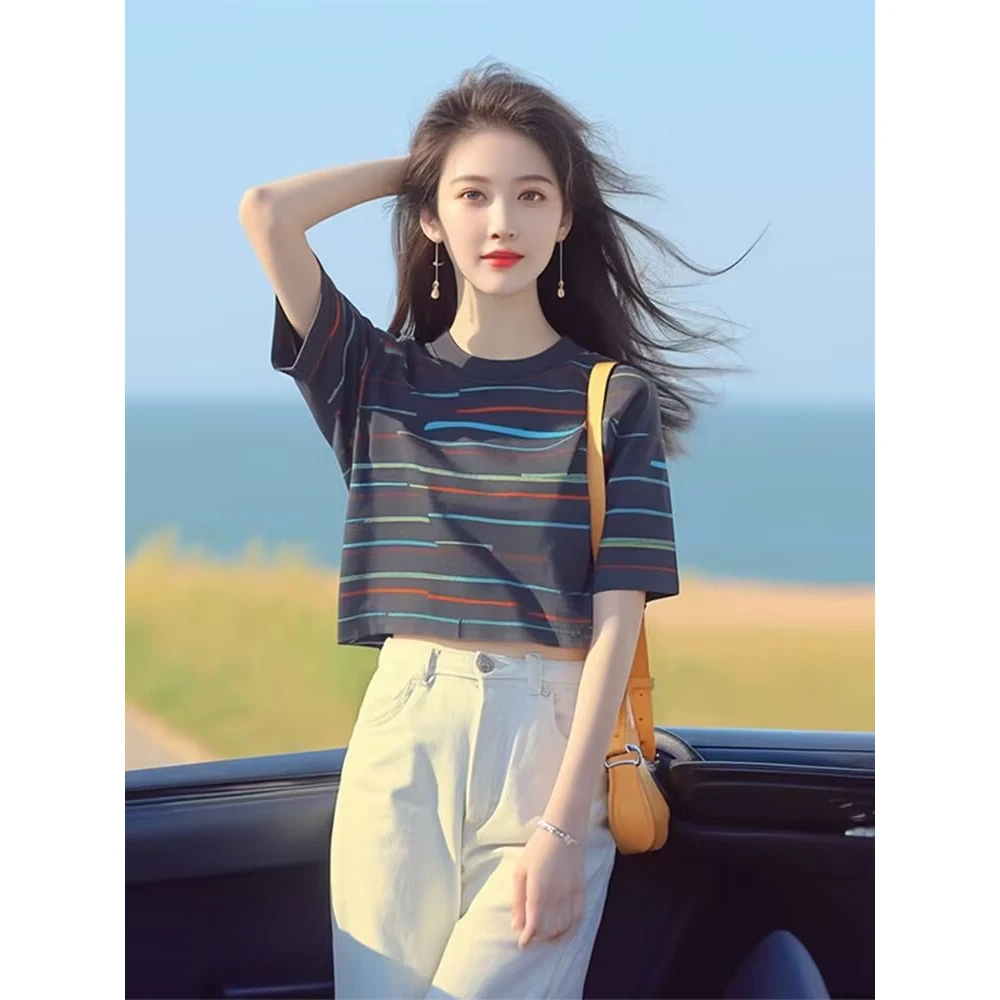 夏季韩系chic洋气独特别致漂亮上衣宽松百搭显瘦黑色条纹T恤女款