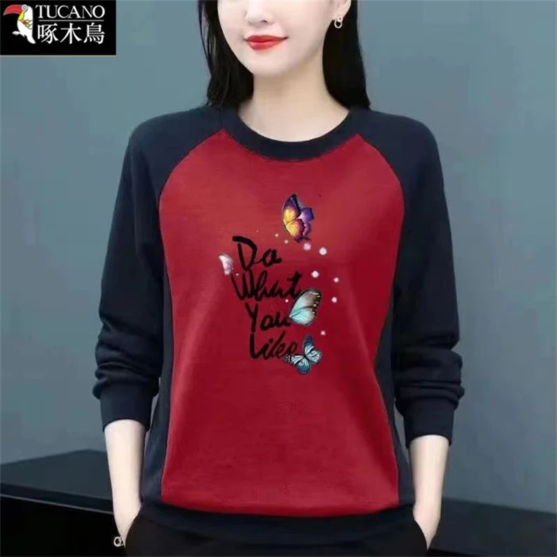 啄木鸟新款纯棉圆领大码显瘦T恤女时尚通勤春秋薄款长袖印花上衣