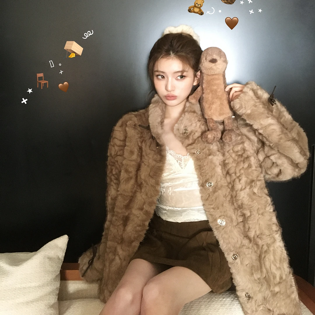 人造皮草 小熊心事小湖羊慵懒风环保羊羔毛皮草外套女2025冬季