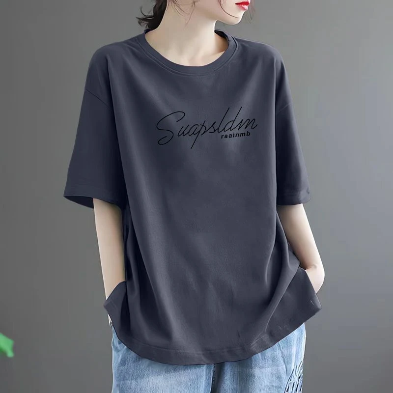 2025新款纯棉短袖t恤女夏装宽松遮肉遮肚爆款时尚洋气正肩上衣服