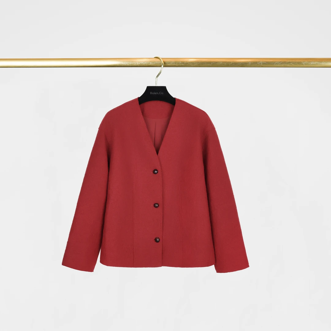 RuienCo. 圣诞结 66支澳大利亚美丽诺羊毛V领长袖秋季百搭短外套