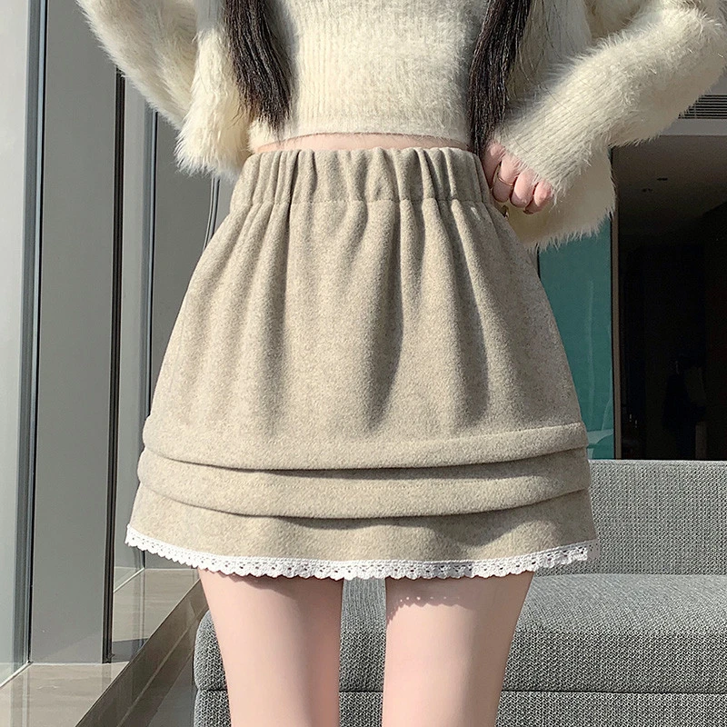 现货l韩式东大门女装新款冬季A字裙花边撞色半身裙毛呢短裙
