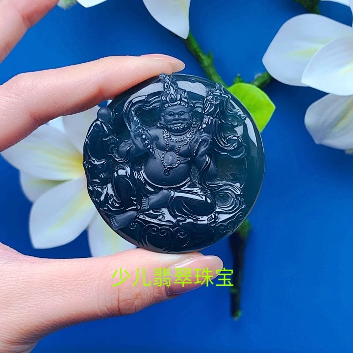 冰种飘绿蓝水圆牌黄财神挂件招财进宝天然A货翡翠玉石饰品