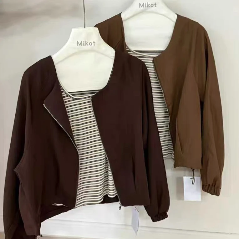 春季透气女拉链常规秋季短外套外套连帽上衣拼色拼接