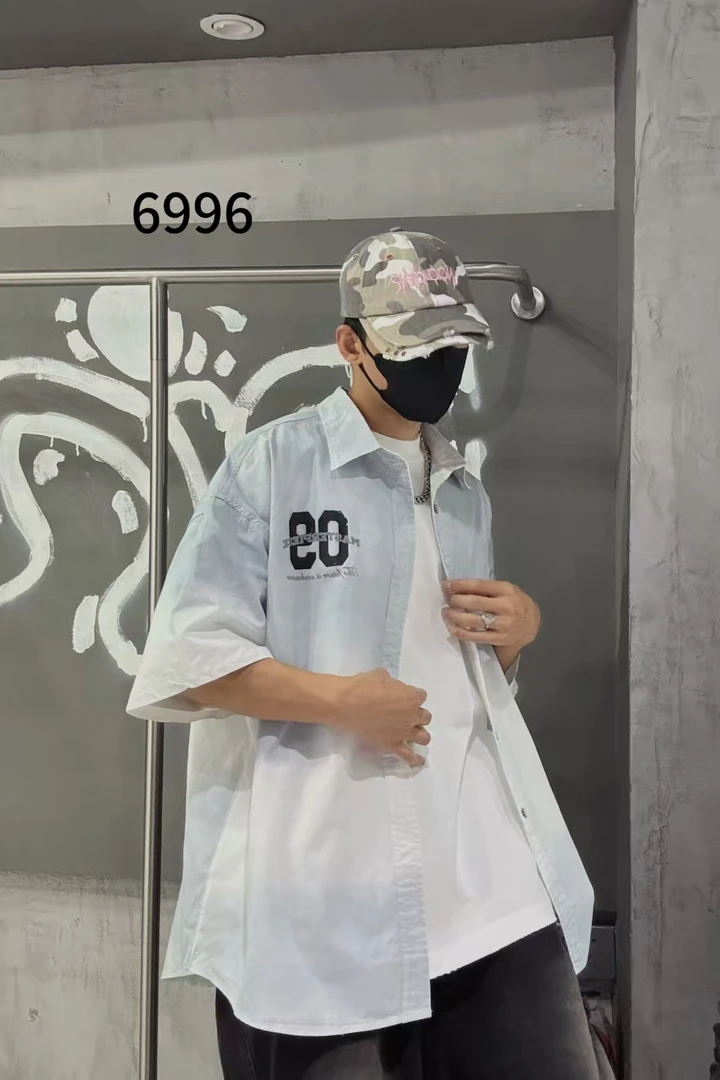 夏季男士宽松渐变短袖衬衫印花上衣潮流休闲痞帅衬衣百搭外套