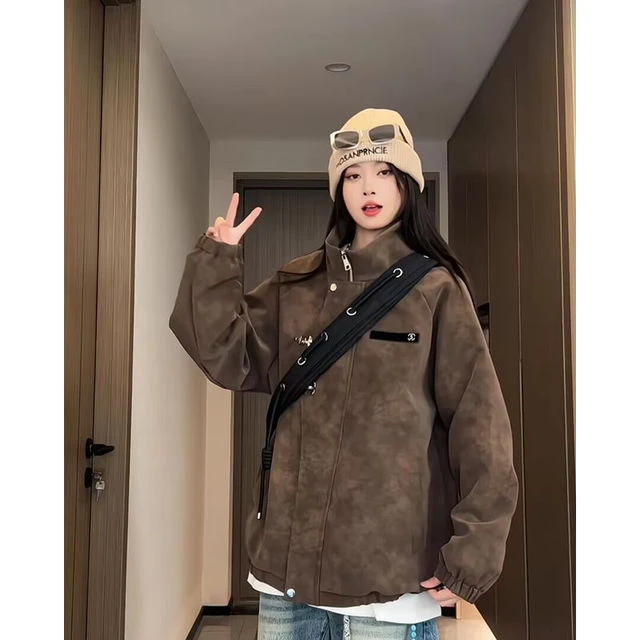 PLQV扎染咖色皮衣外套男设计感小众新中式夹克美式复古立领棒球服