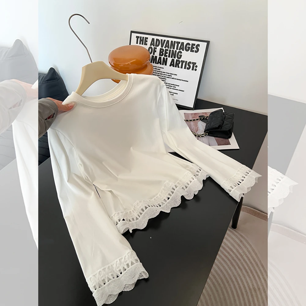 拼接显瘦洋气上衣秋季新款胖MM大码女装时尚圆领镂空花边长袖T恤