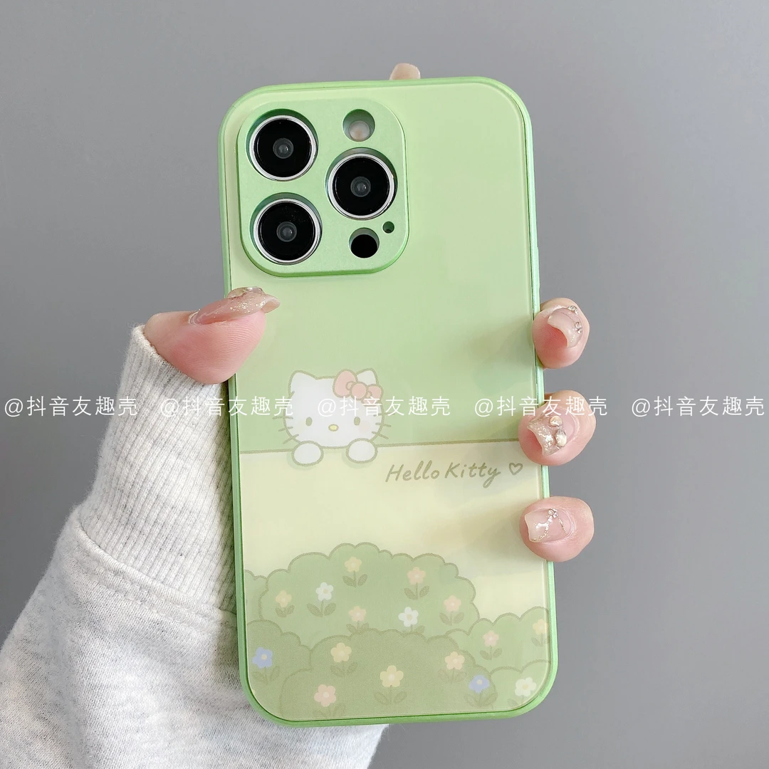 适用于苹果16手机壳新款华为vivo小米oppo金属玻璃简单卡通绿凯蒂