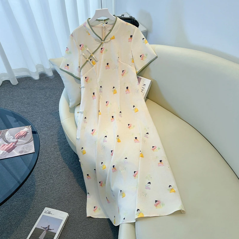 【66913】130-300斤大码女装胖mm新中式改良旗袍连衣裙复古夏新款