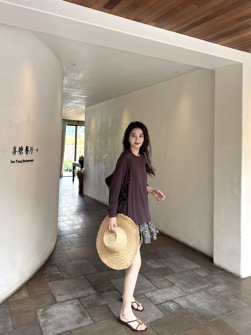 韩系休闲慵懒风纯色长袖T恤女2025夏季新款松弛感上衣百搭碎花裙