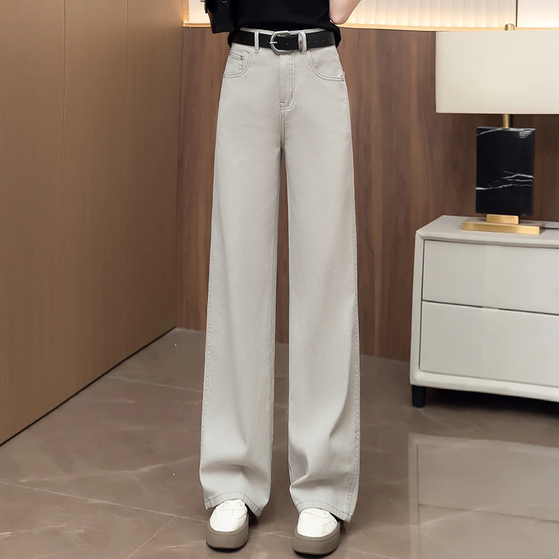 莫兰迪灰直筒牛仔裤女士夏季薄款2025新款高腰宽松垂感窄版阔腿裤