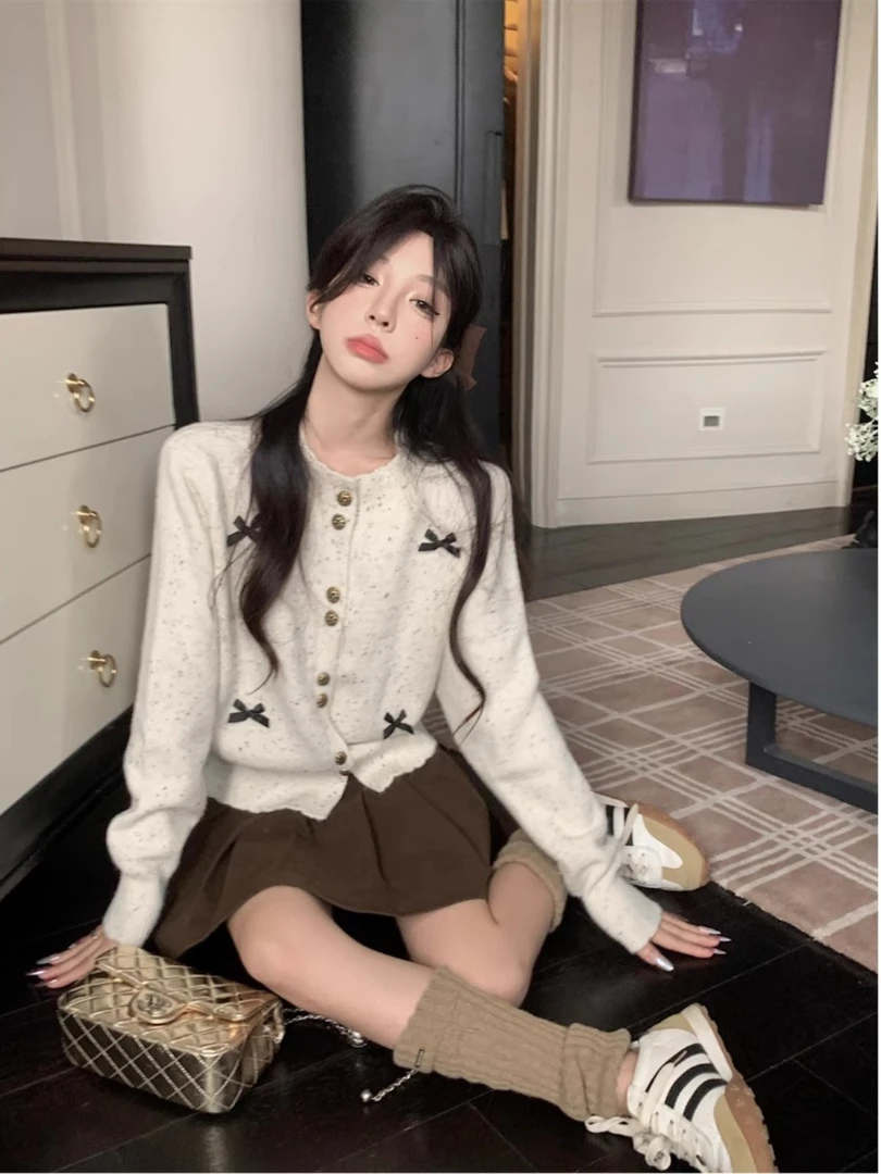 韩系小香风针织开衫女早秋蝴蝶结毛衣外套小个子短款披肩外搭上衣