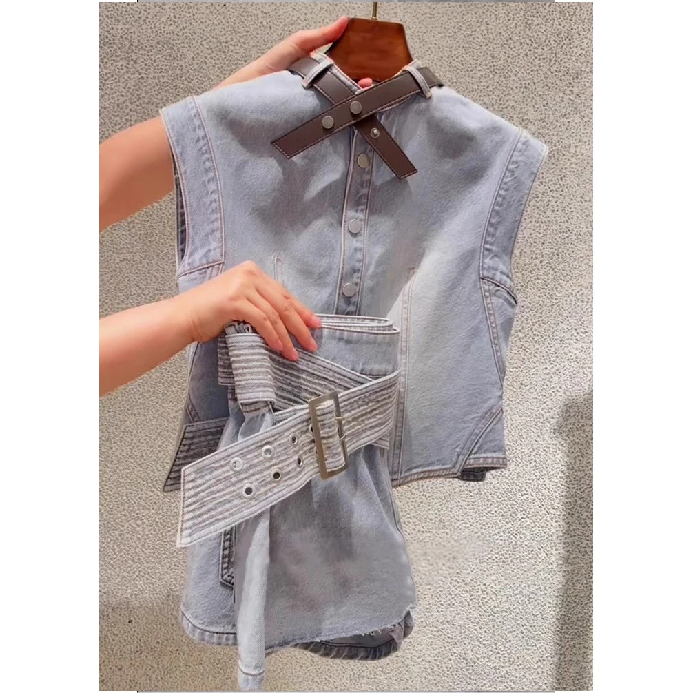 韩系高级感穿搭独特绝美超好看蓝色牛仔上衣半身裙套装女2025夏季