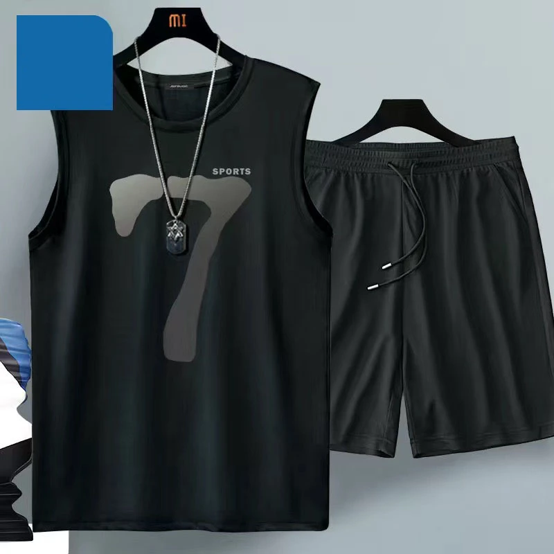 夏季背心冰丝男士夏季透气速干短裤无袖大码运动网眼套装1/2件