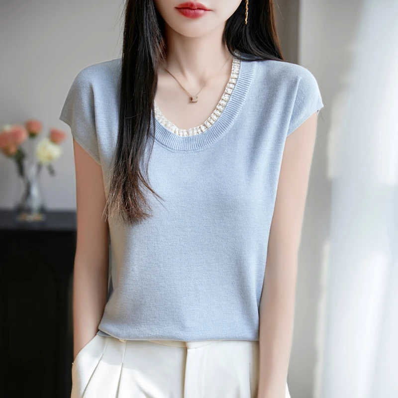 夏季圆领针织短袖T恤时尚百搭薄款飞机袖气质简约修身蕾丝边圆领