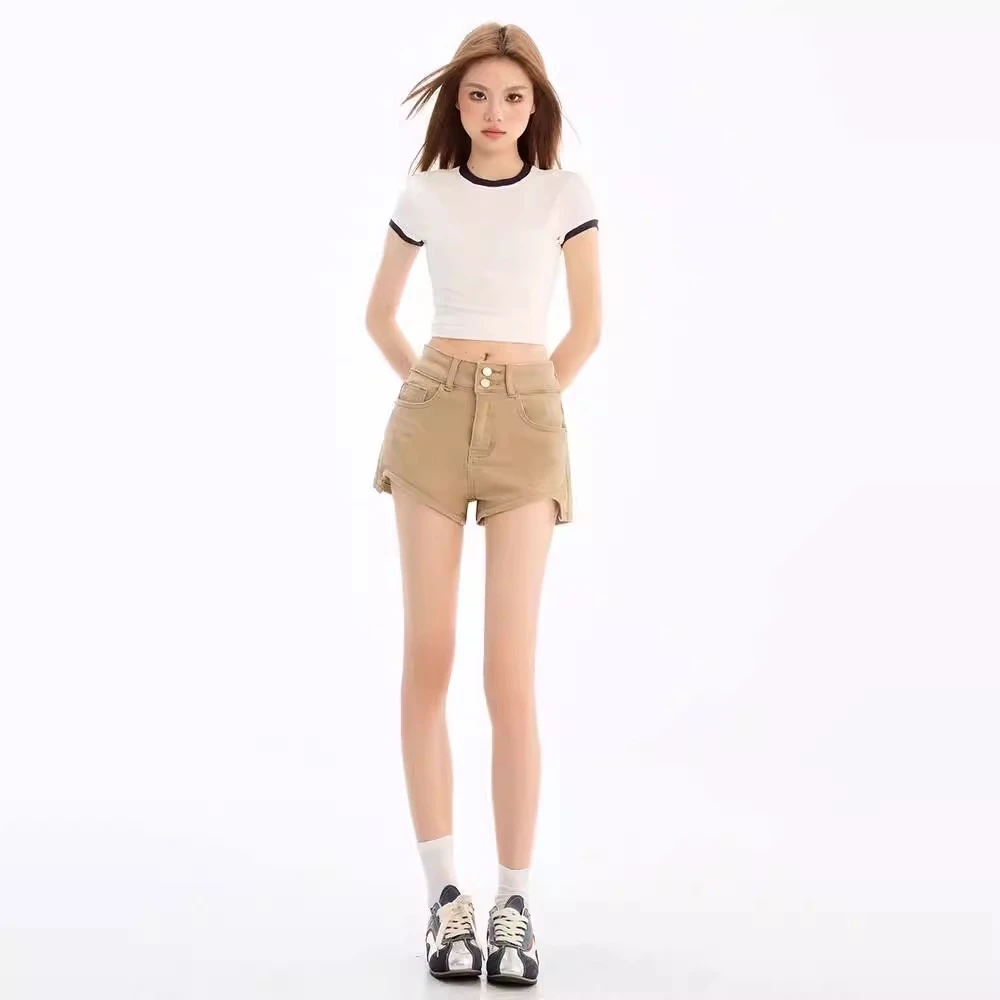 卡其色牛仔短裤女2025夏季新款美式复古百搭休闲辣妹高腰显瘦热裤