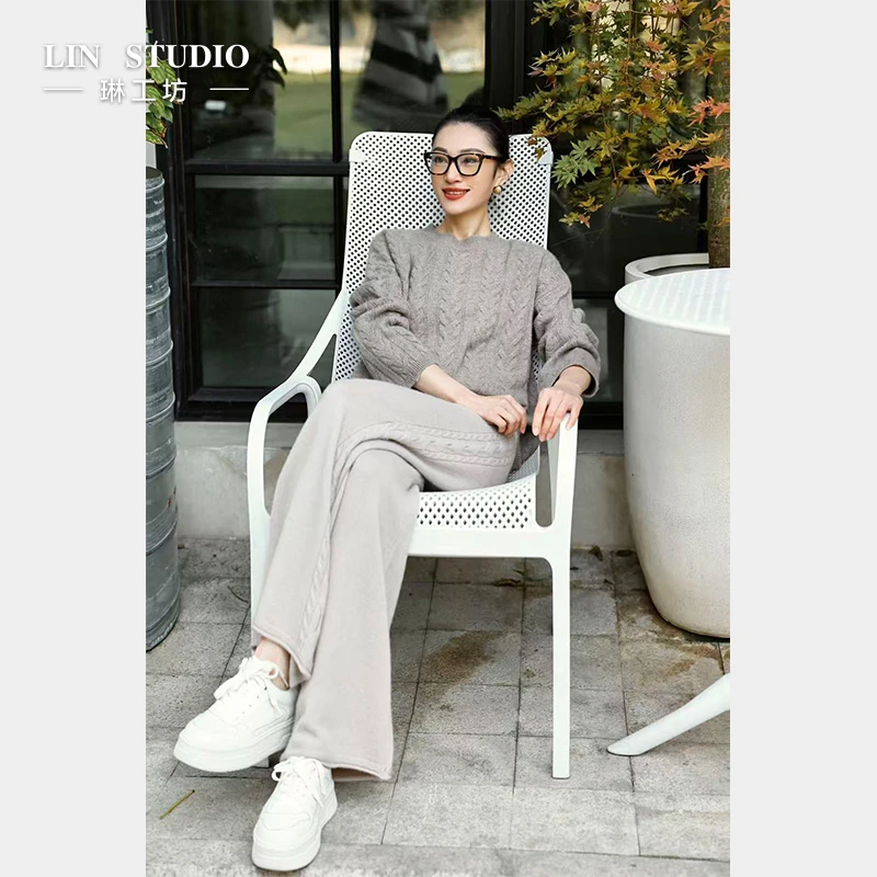 【山羊绒+绵羊毛】琳工坊“语隙”米色针织裤休闲气质百搭唐琳设计师
