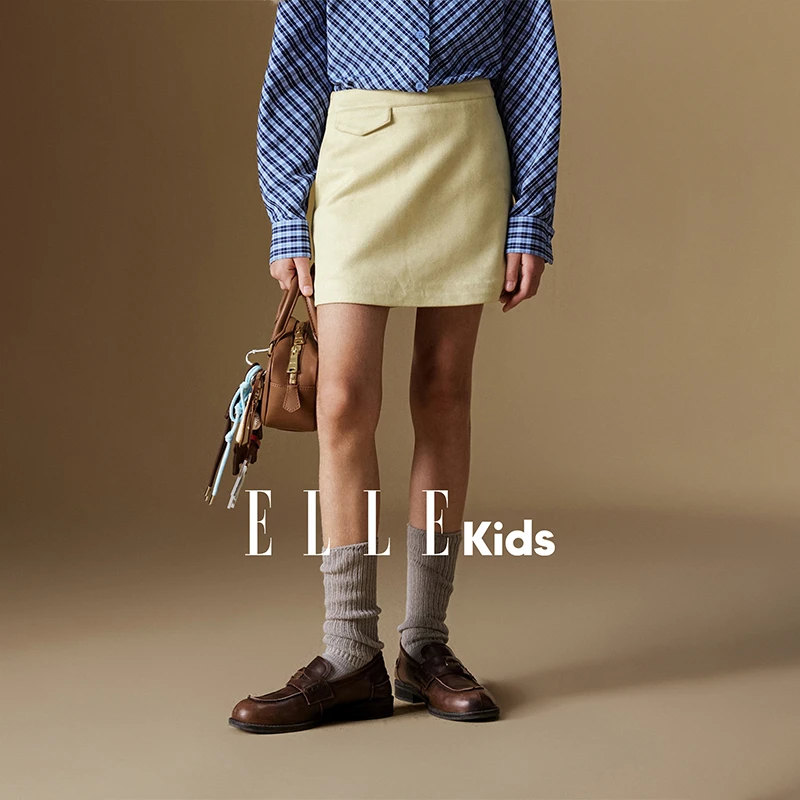 ELLE KIDS 仿麂皮绒半身裙女儿童秋季新款复古时髦高腰A字裙子Q5