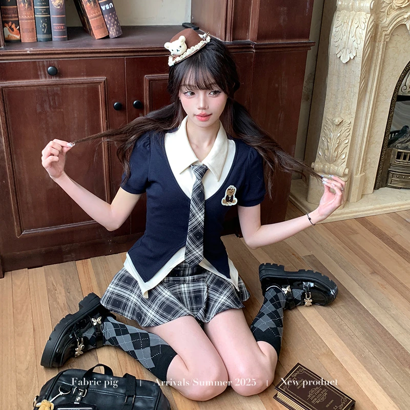 薄荷汽水绀 织物猪原创 学院风jk女夏季假两件上衣格纹半身裙