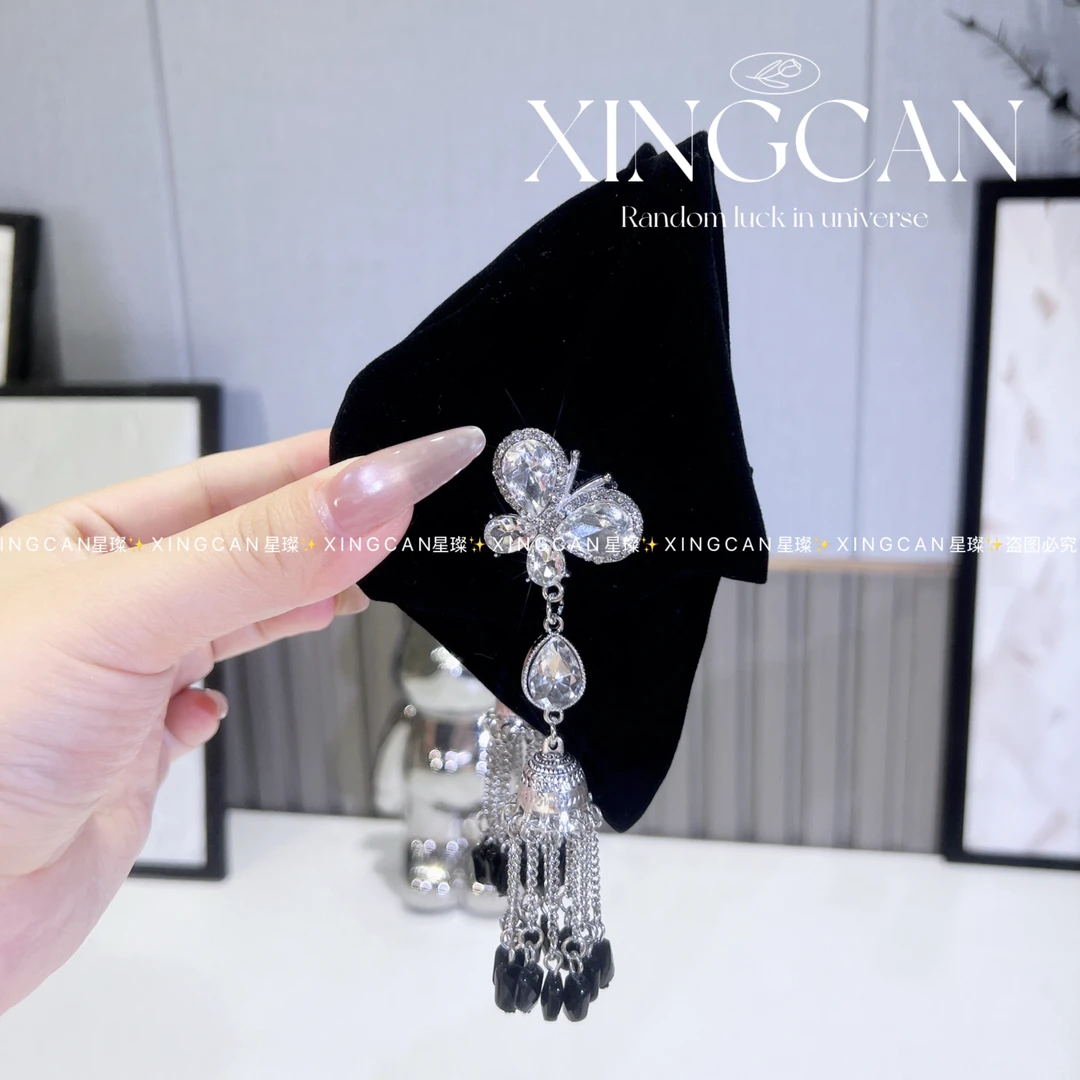 女红色丝绒蝴蝶结流苏抓夹发夹发卡复古民族风侧边盘发气质发饰