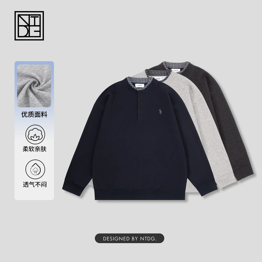 NTDG-ONE/南通大个秋款格纹半开扣长袖卫衣91085