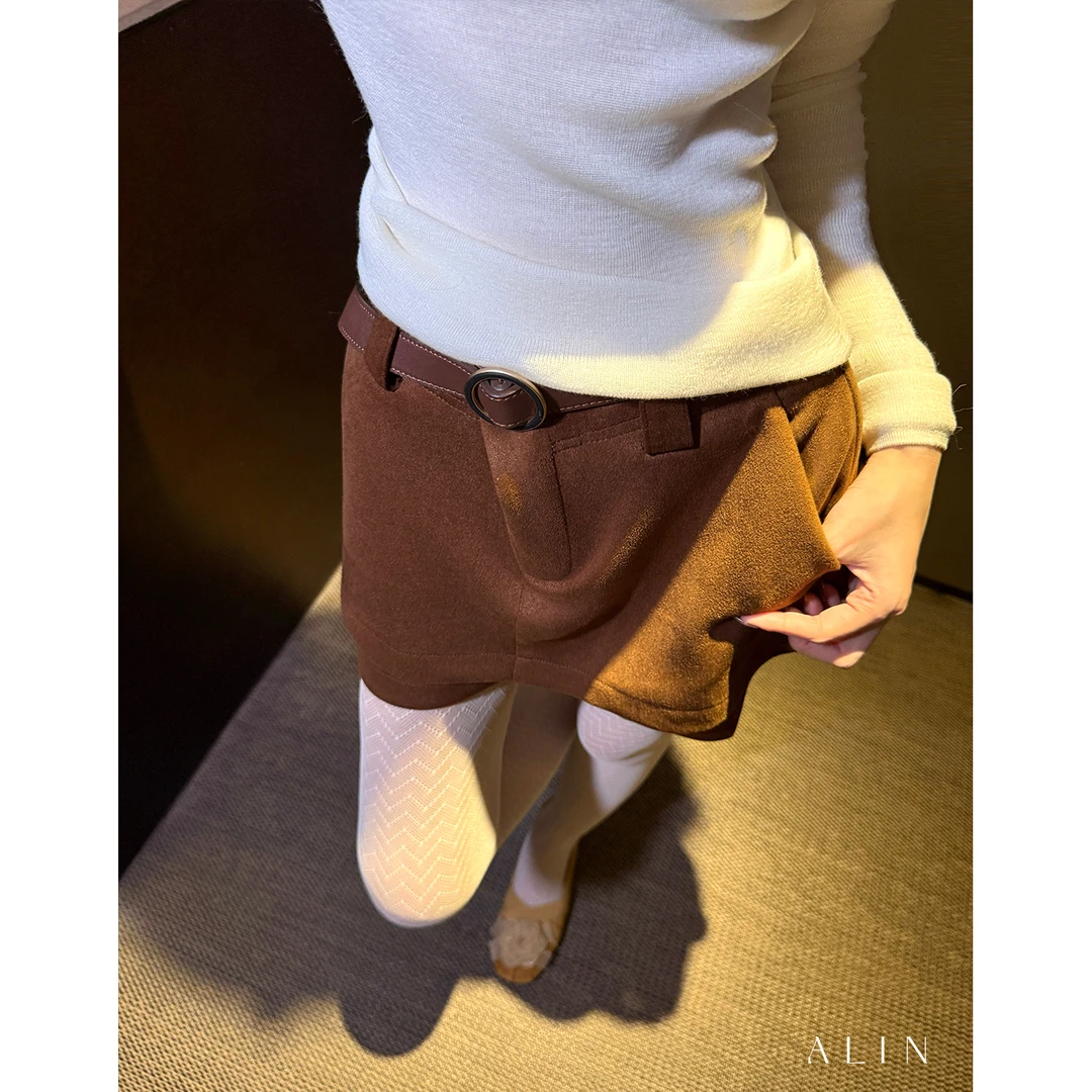 阿琳ALIN【秋野】麂皮绒a字半身短裙女棕色防走光包臀裙裤AL5HSK14