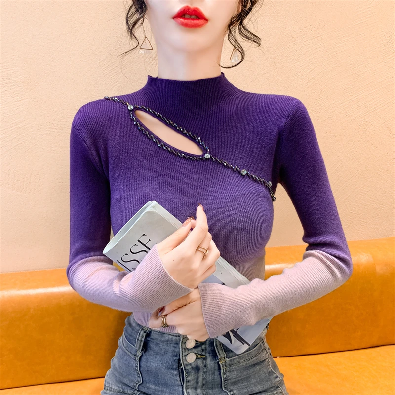 重工钉钻镂空渐变色针织打底衫女秋冬百搭时尚长袖半高领毛衣上衣