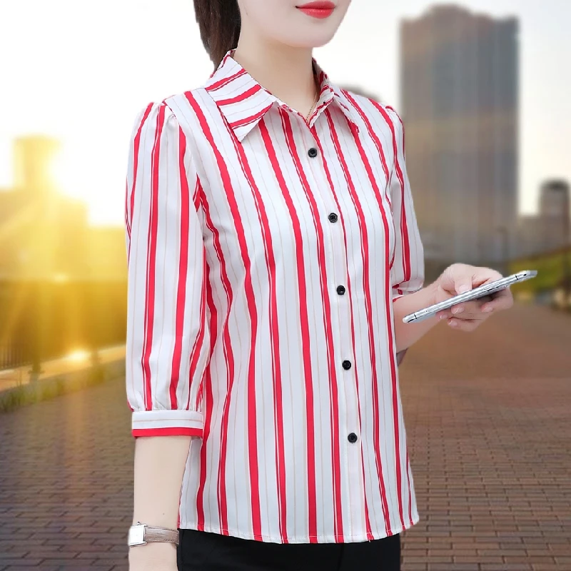 条纹雪纺百搭衬衫七分袖夏季新款洋气高档中年妈妈装衬衣女士上衣