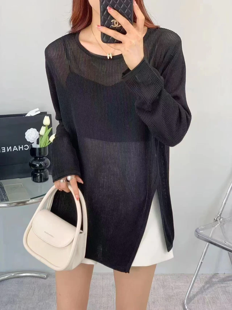 长袖打底衫宽松型镂空纯色针织T恤秋冬cleanfit洋气风上衣针织衫