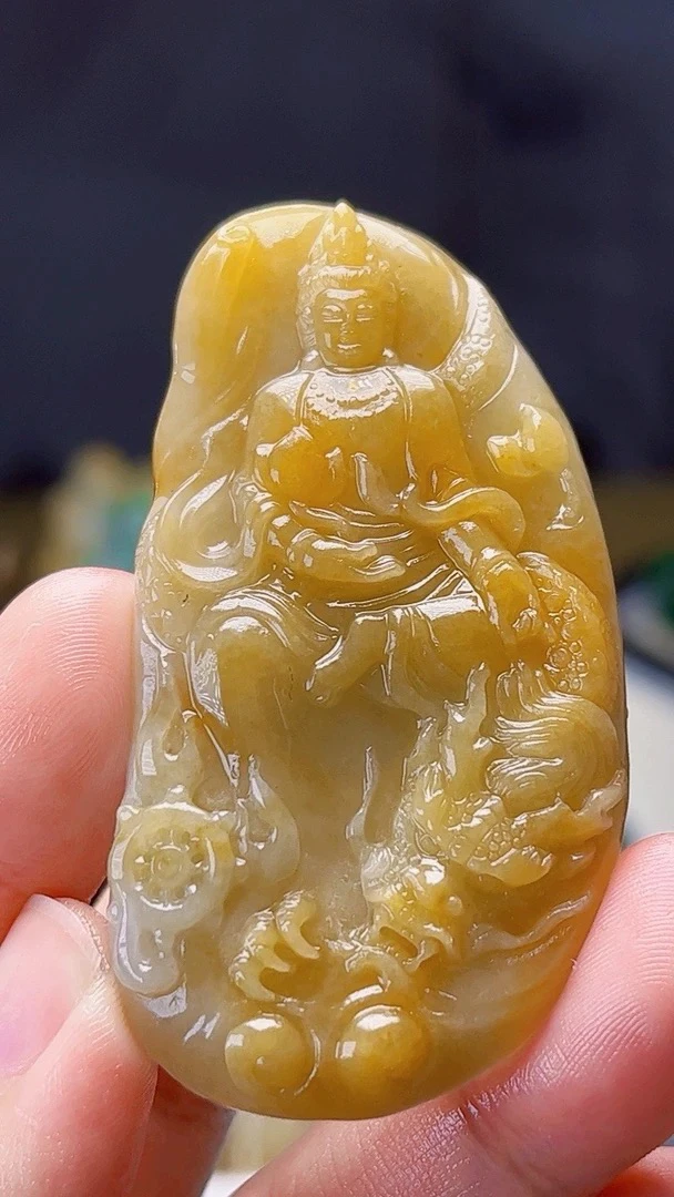 天然缅甸翡翠油黄翡御龙观音毛货买断需抛光尺寸高62宽33厚7