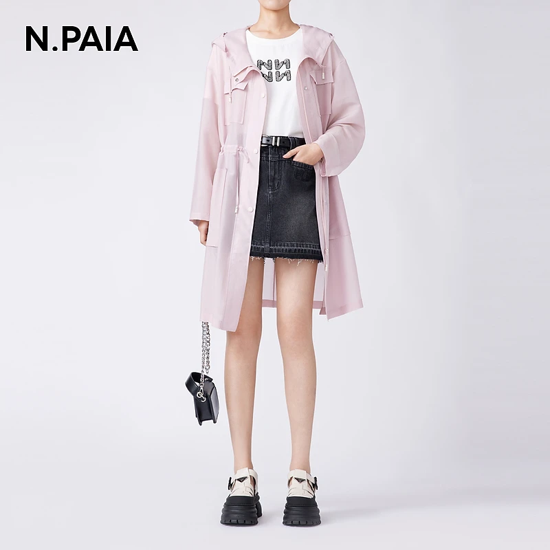 N.Paia恩派雅2024年夏新款丝醋连帽风衣中长款外套女XNJET7403A