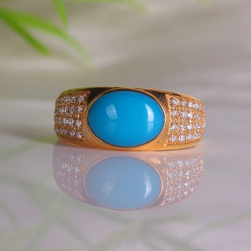 湖北原矿绿松石精品高瓷蓝马鞍戒18K金活口镶嵌民族风指环男戒