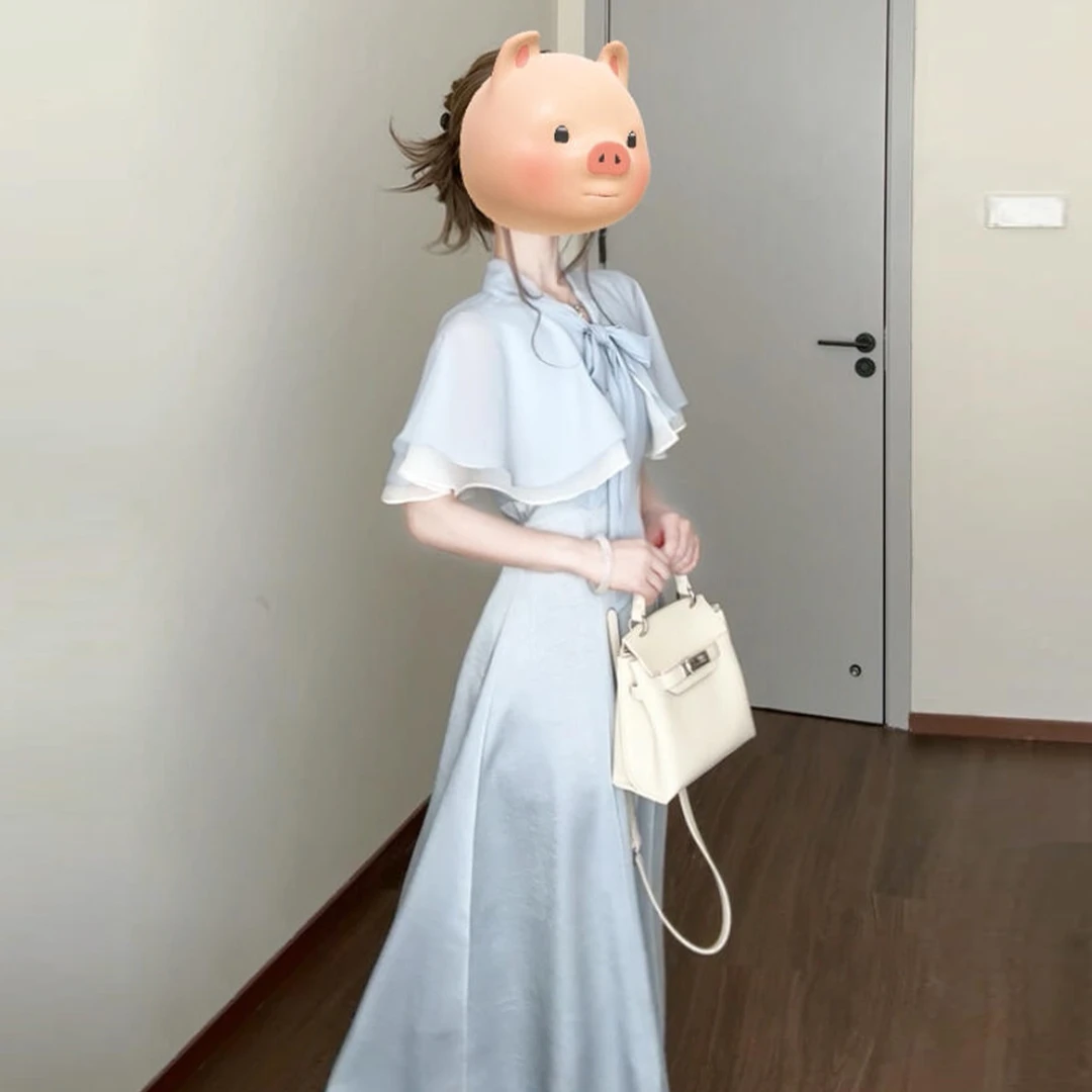 大方得体绝美蓝色假两件连衣裙子女装夏2025新款法式长裙早秋穿搭