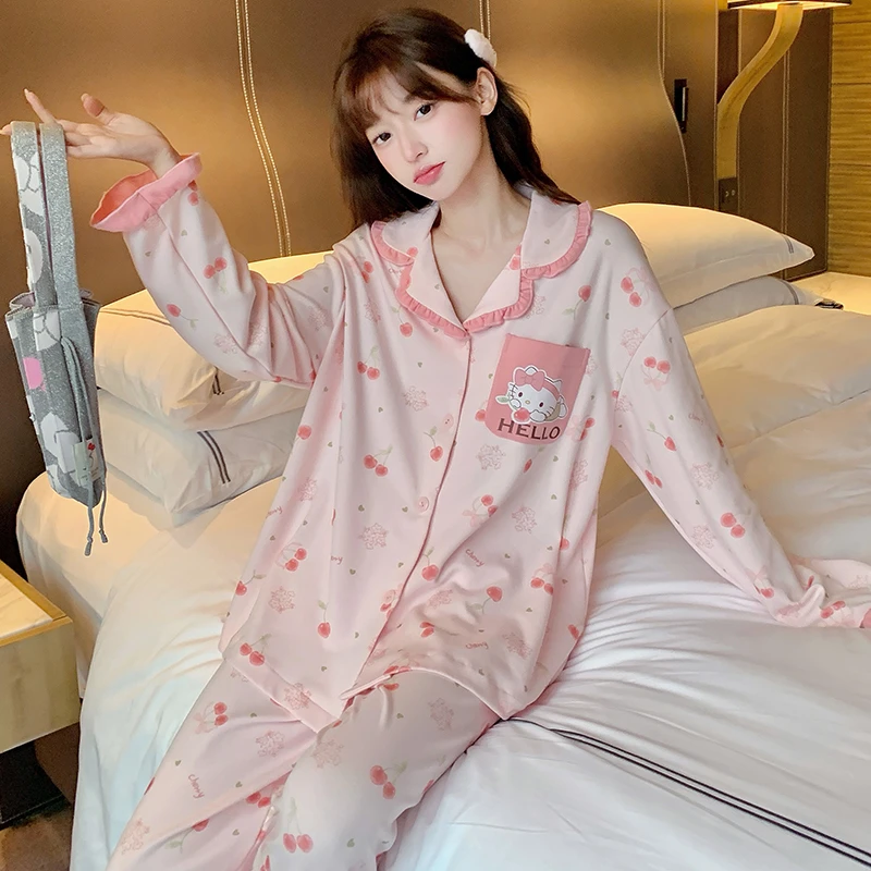 睡衣女春秋纯棉长袖开衫少女甜美风可爱高中初中生大童学生家居服