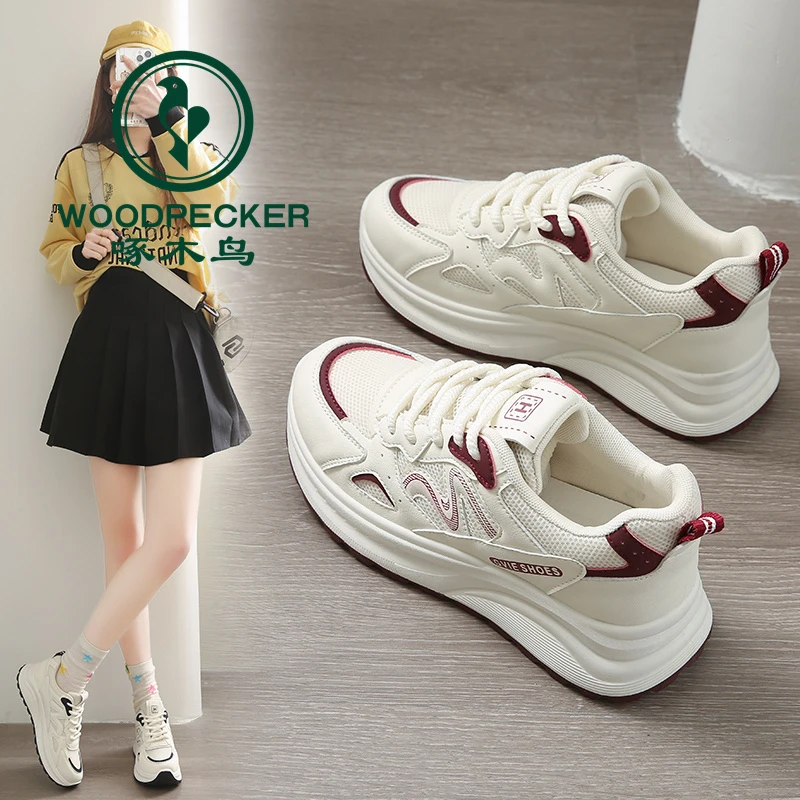 啄木鸟厚底老爹鞋女2025夏季款增高百搭运动休闲鞋网面透气阿甘鞋