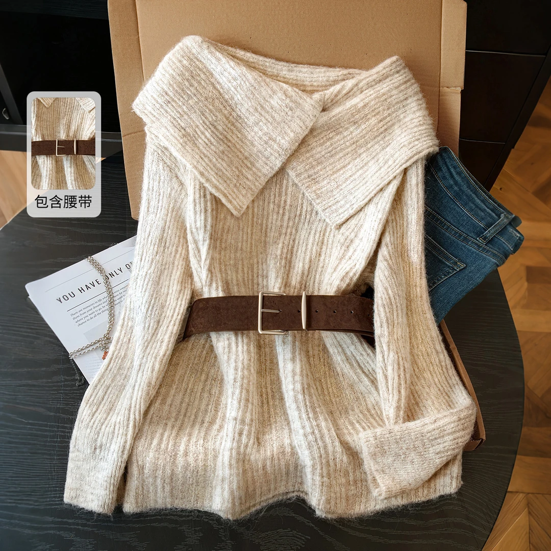 丝柏舍2025秋装新款女装时尚气质一字肩长袖修身针织衫S53X7967Z