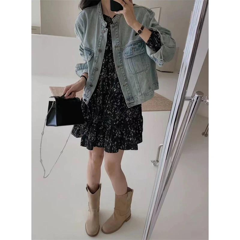 港风POLO牛仔衬衫女秋季休闲宽松显瘦设计感夹克短款外套气质百搭