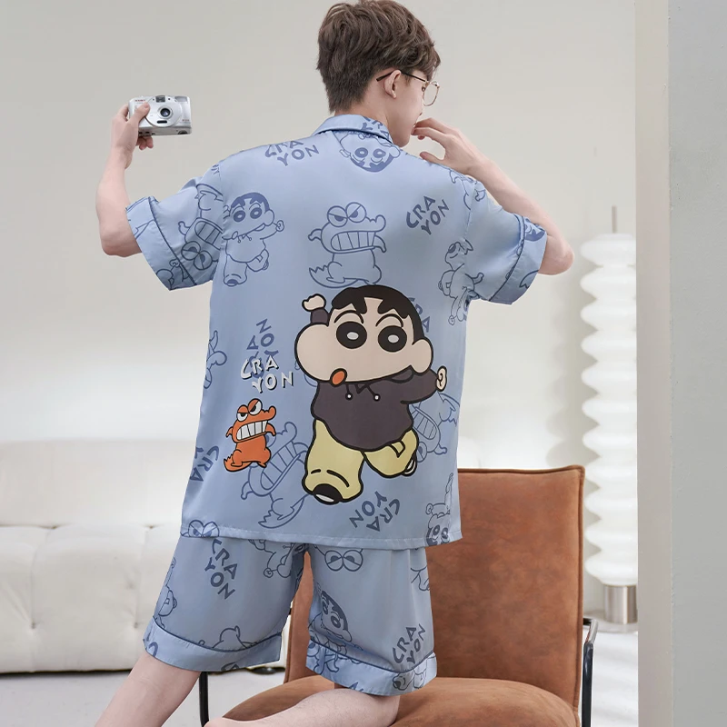 男士睡衣夏季冰丝薄款短袖短裤套装卡通青少年初中学生大码家居服