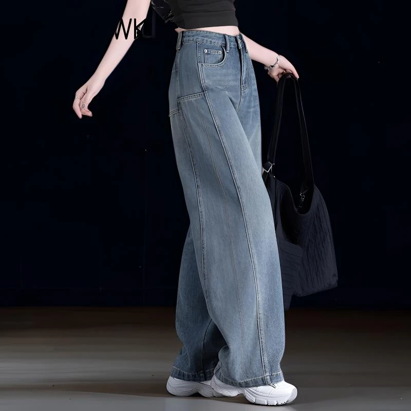 拼接复古牛仔裤女2025新款秋冬加绒裤子高腰美式弯刀裤镰刀阔腿裤