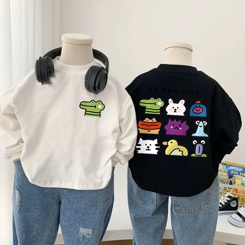 春秋纯棉儿童新款中小童洋气卡通图案宽松长袖男女童t恤打底衫薄