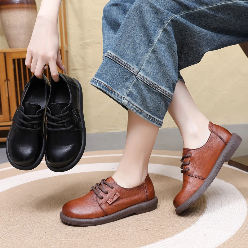 春秋真皮休闲女鞋舒适透气防滑中年妈妈鞋旅游鞋轻便系带女鞋单鞋