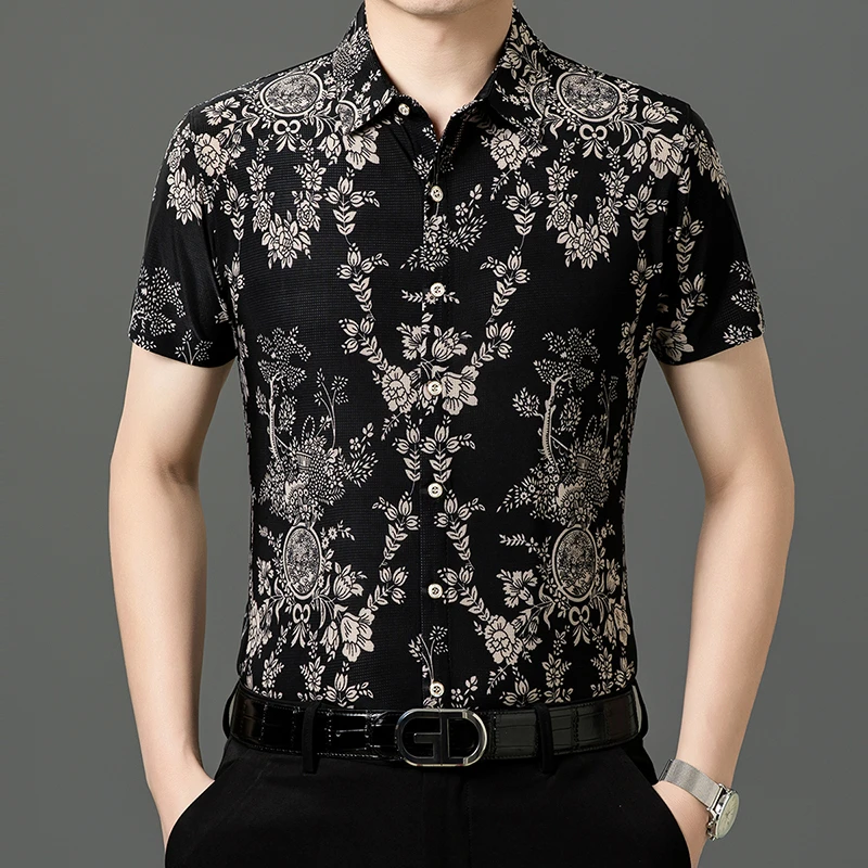 夏季短袖冰丝衬衫男中年时尚休闲提花半袖大码薄款透气衬衣爸爸装