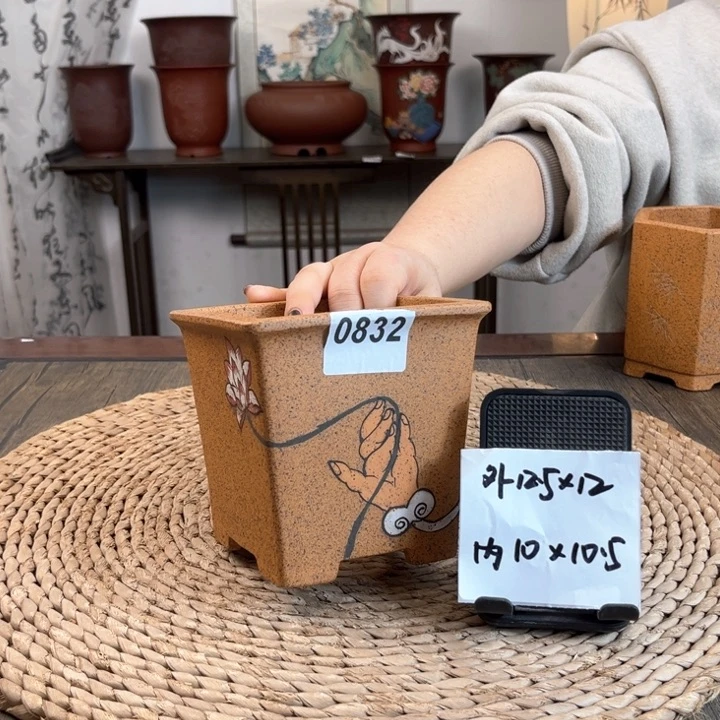 紫砂花盆柴烧佛手拈花手绘四方0832